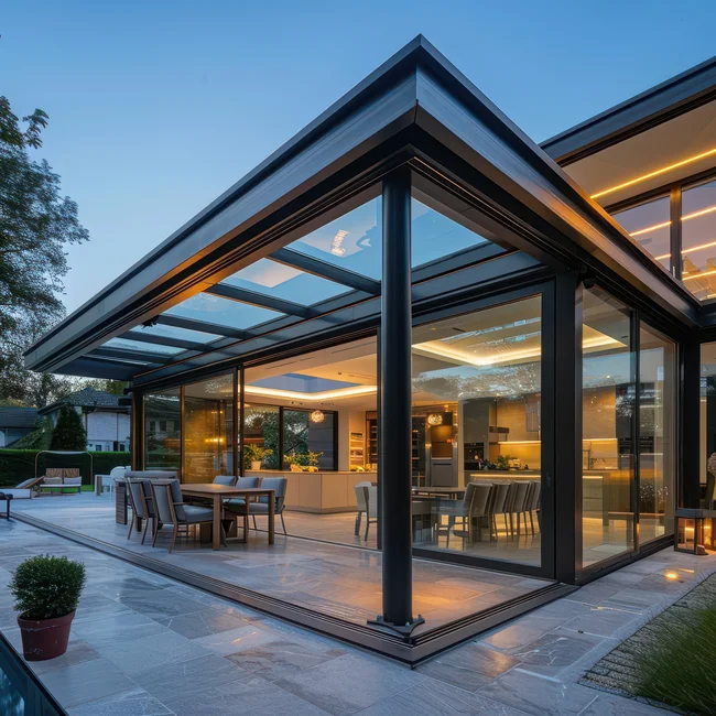 vue d'une terrasse avec un véranda moderne en aluminium