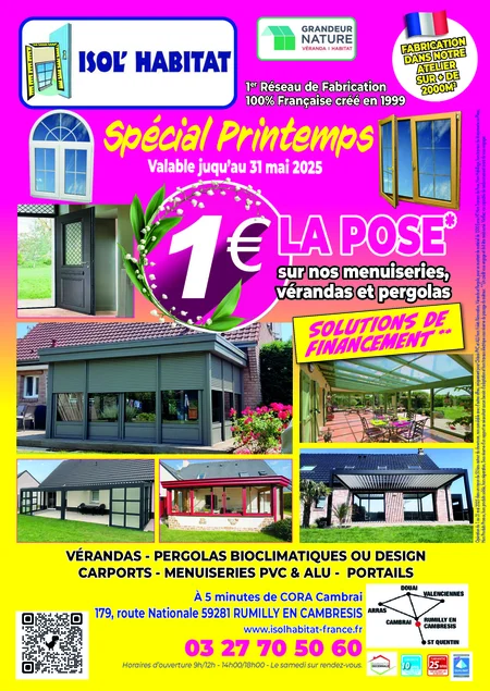 Flyer promotionnel pour la pose à 1 euro des menuiseries, véranda et pergolas par Isol Habitat Cambrai