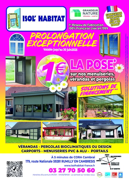 Flyer promotionnel pour la prolongation de la pose à 1 euro des menuiseries, véranda et pergolas par Isol Habitat Cambrai