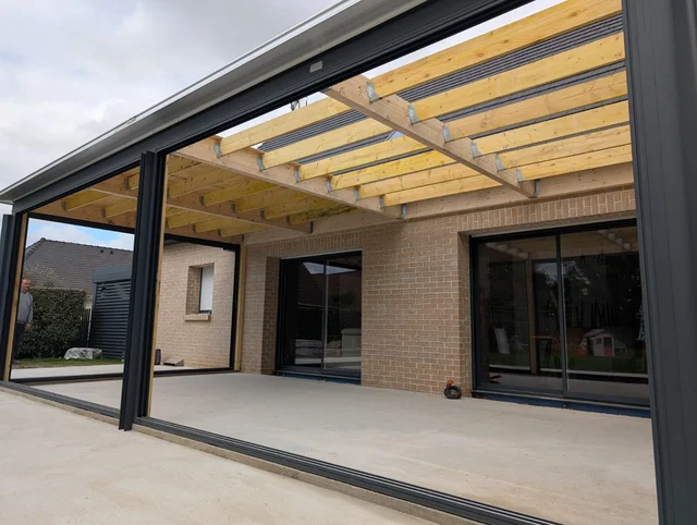 vue de la toiture bois, chantier véranda à Masnières